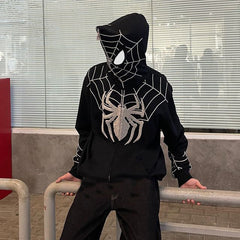 Unisex Gothic Dark Spider Print Zip Up Loose Hoodie