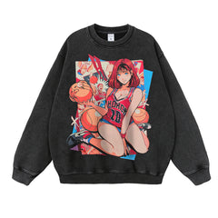 Trendy Anime Crew Neck Washed Loose Sweatshirt