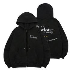 Women's Letter Zipper Black Hooded Jacket
