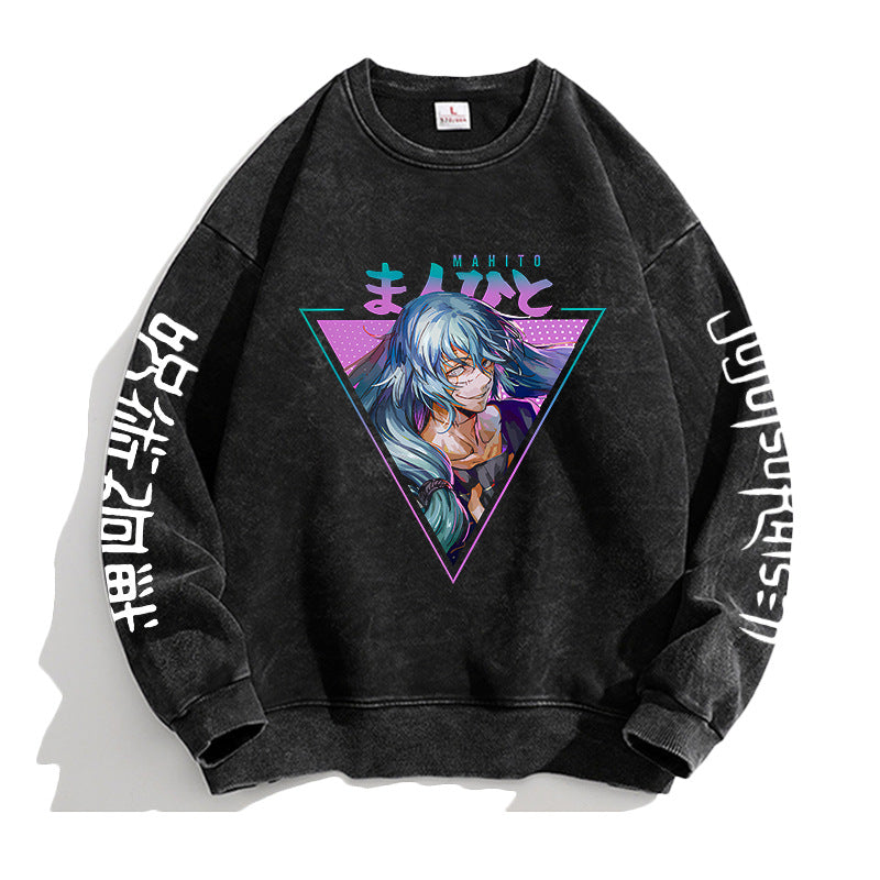 Vintage Washed Round Neck Anime Printed Sweatshirt