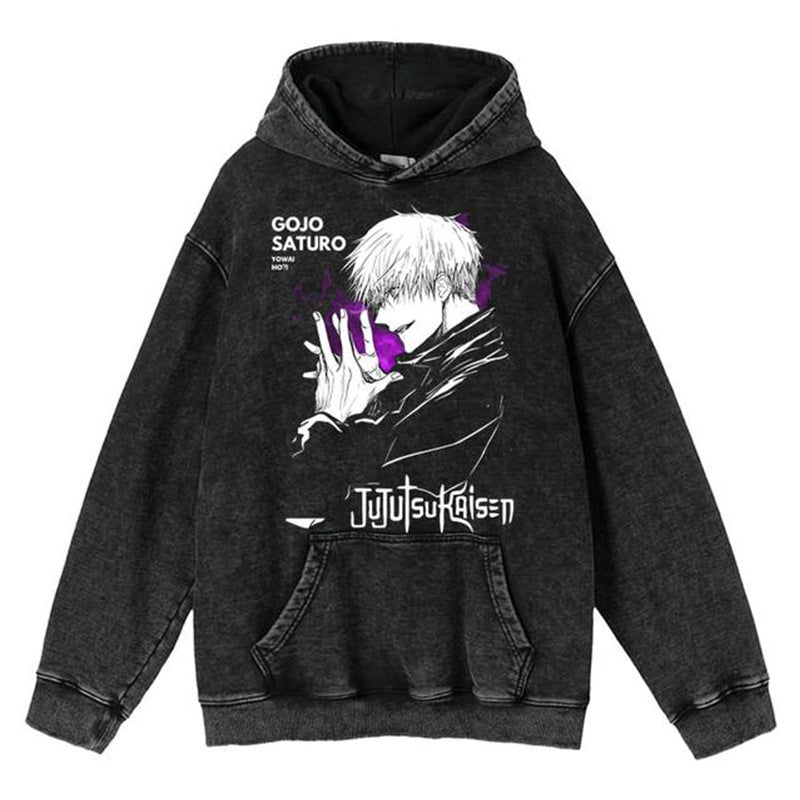 Unisex Vintage Washed Anime Printed Loose Hoodie