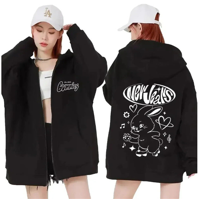 NJZ Bunnies Print Zipper Hoodie