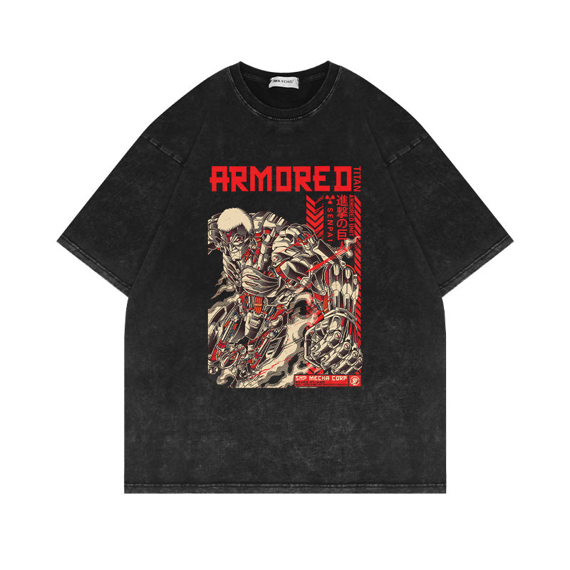 Vintage Anime Pattern Washed Short-sleeved T-shirt