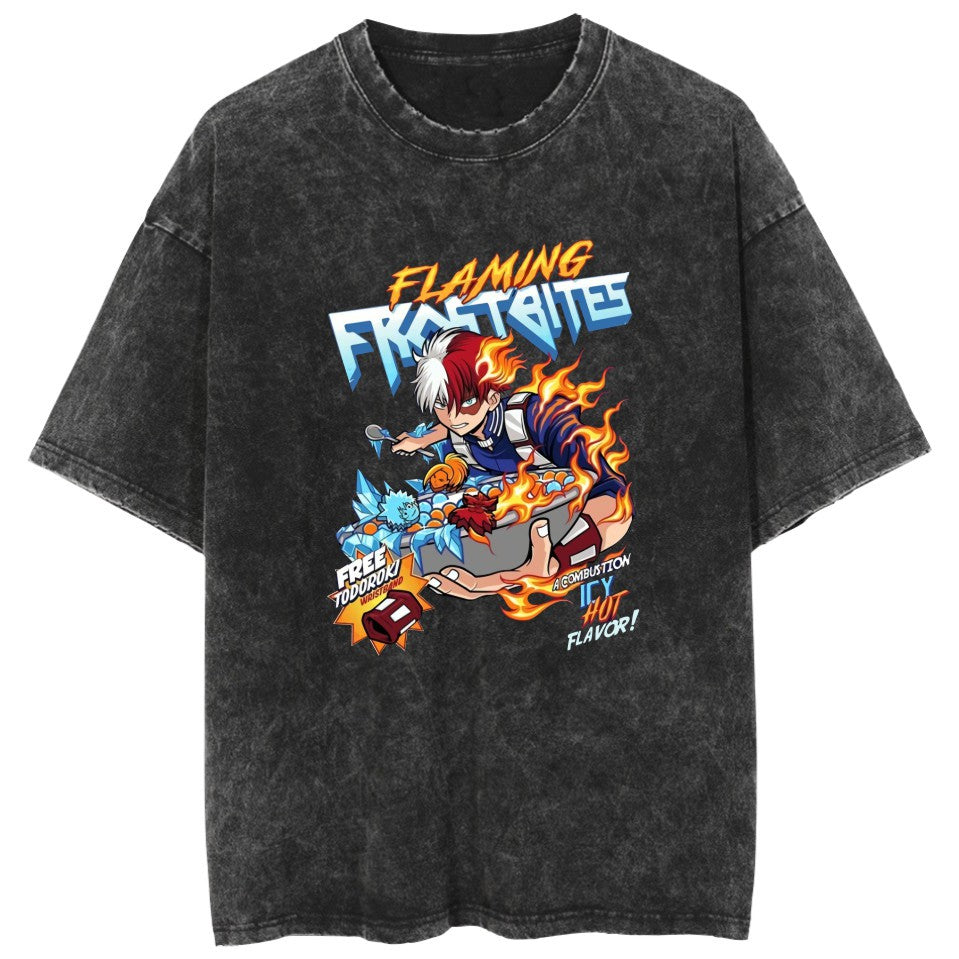 Trendy Anime Pattern Crew Neck Washed T-Shirt