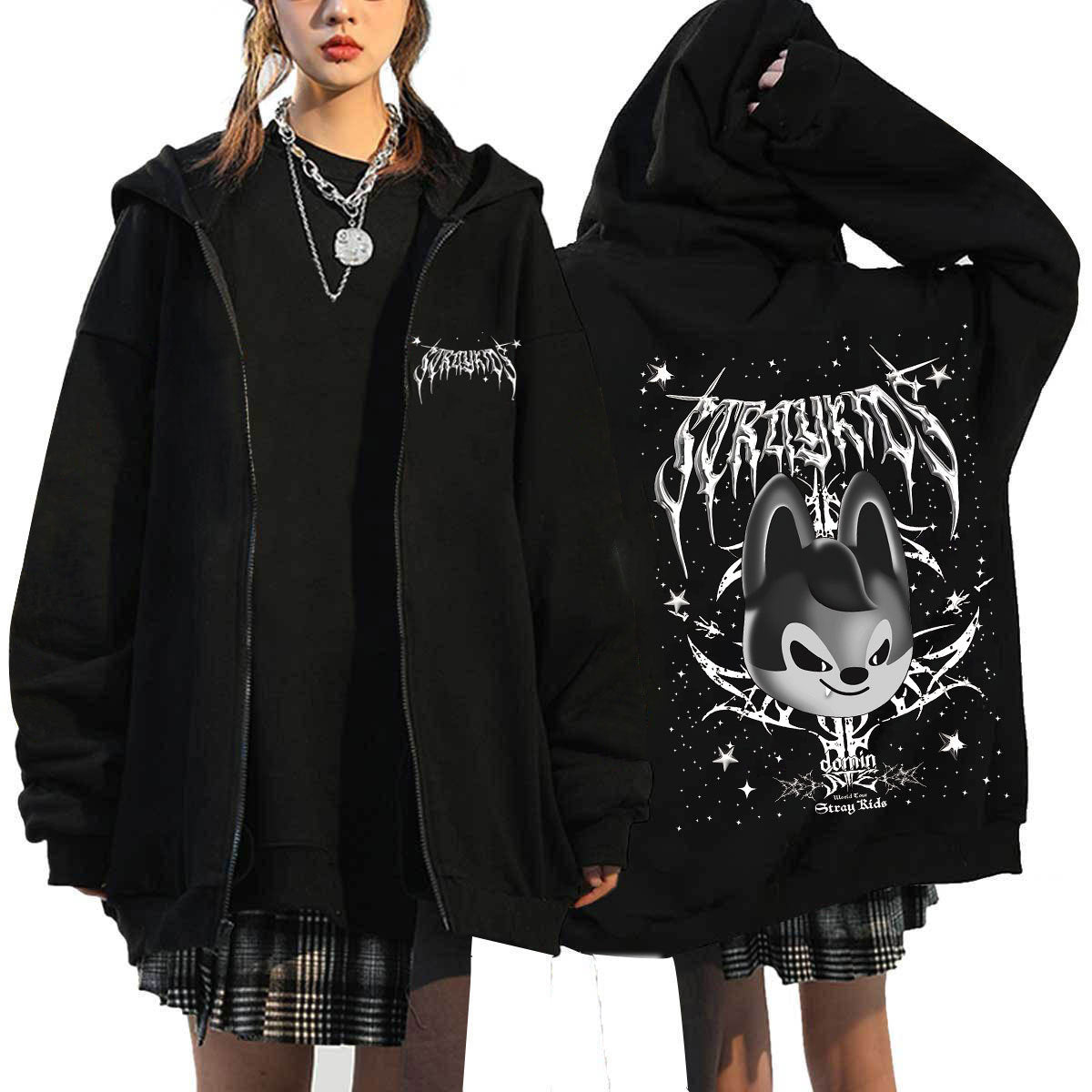 Evil SKZ Animal Characters Print Zip Up Black Hoodie