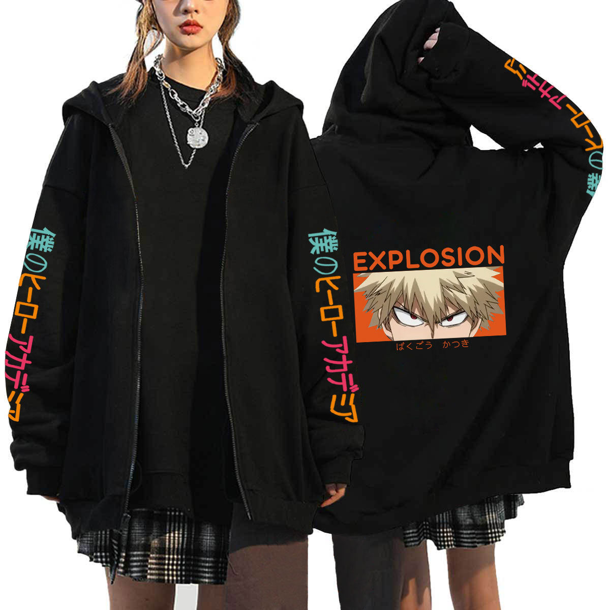 Unisex Trendy Anime Printed Black Zipper Hoodie