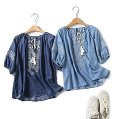 Women's Fringed Lace-up Ethnic Embroidered Denim Blouse