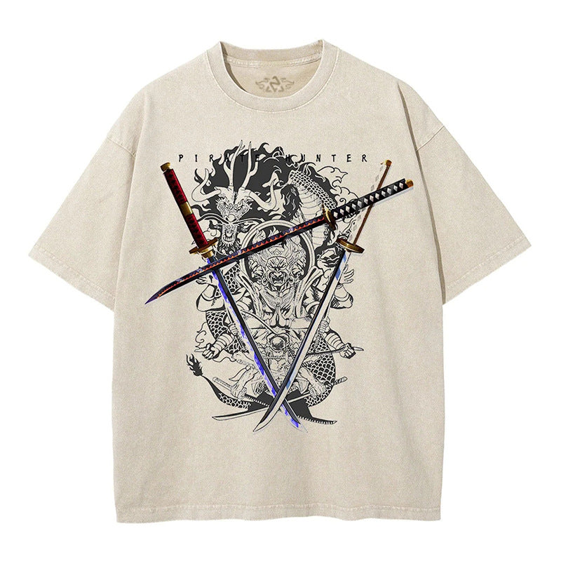 Unisex Anime Pattern Washed Short Sleeve T-Shirt