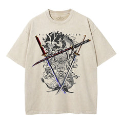 Unisex Anime Pattern Washed Short Sleeve T-Shirt