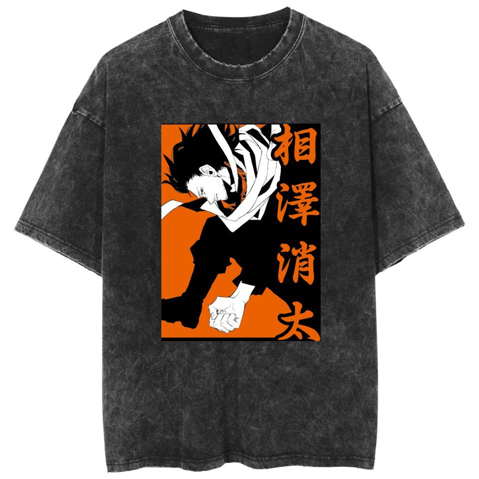 Trendy Anime Pattern Crew Neck Washed T-Shirt