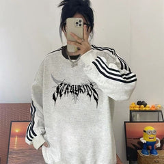 Kpop Striped Round Neck Pullover Sweatshirt