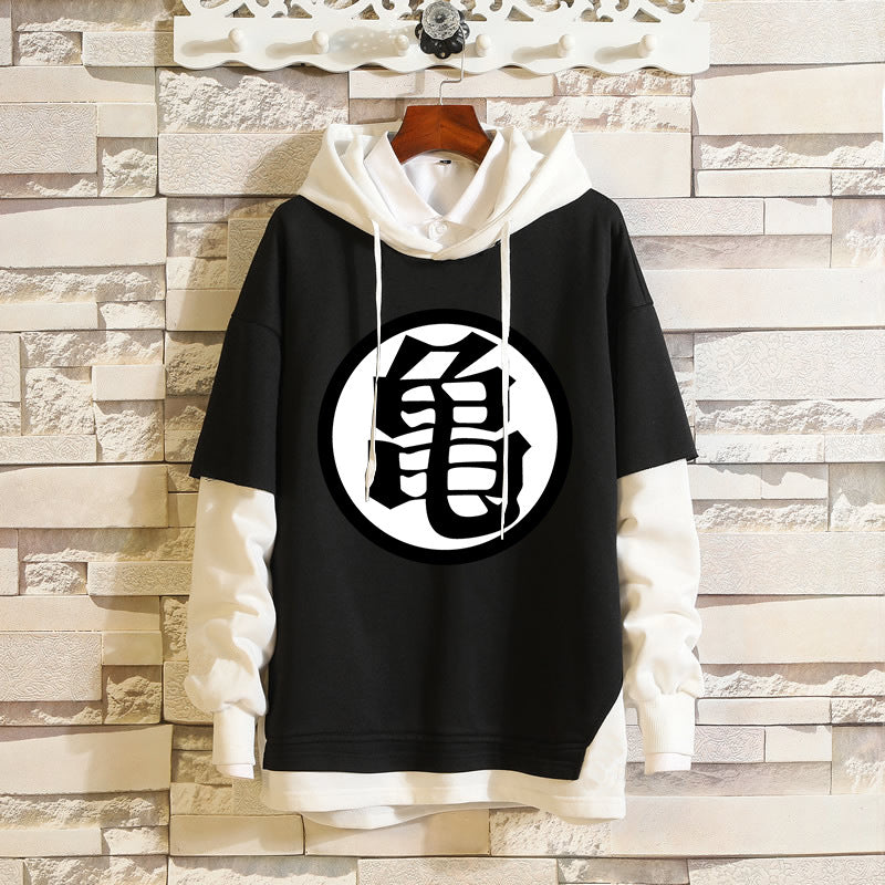 Trendy Anime Logo Fake Two Piece Loose Hoodie