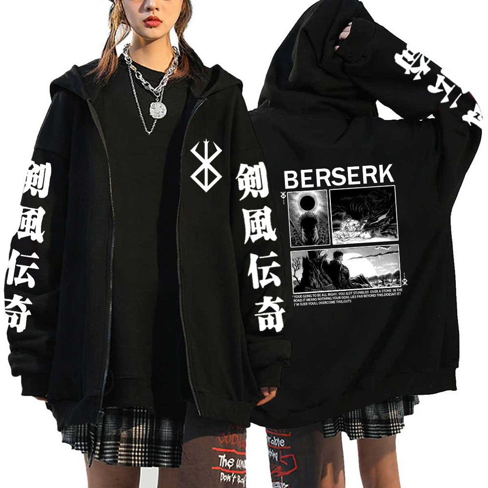 Unisex Anime Printed Black Zipper Hoodie