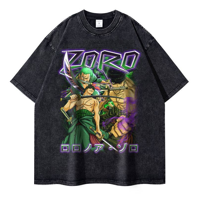 Unisex Anime Graphic Washed Black T-shirt
