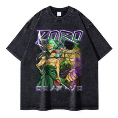 Unisex Anime Graphic Washed Black T-shirt