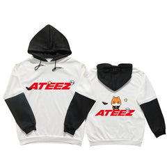 KPOP Character Logo Print Black and White Sleeve Hoodie