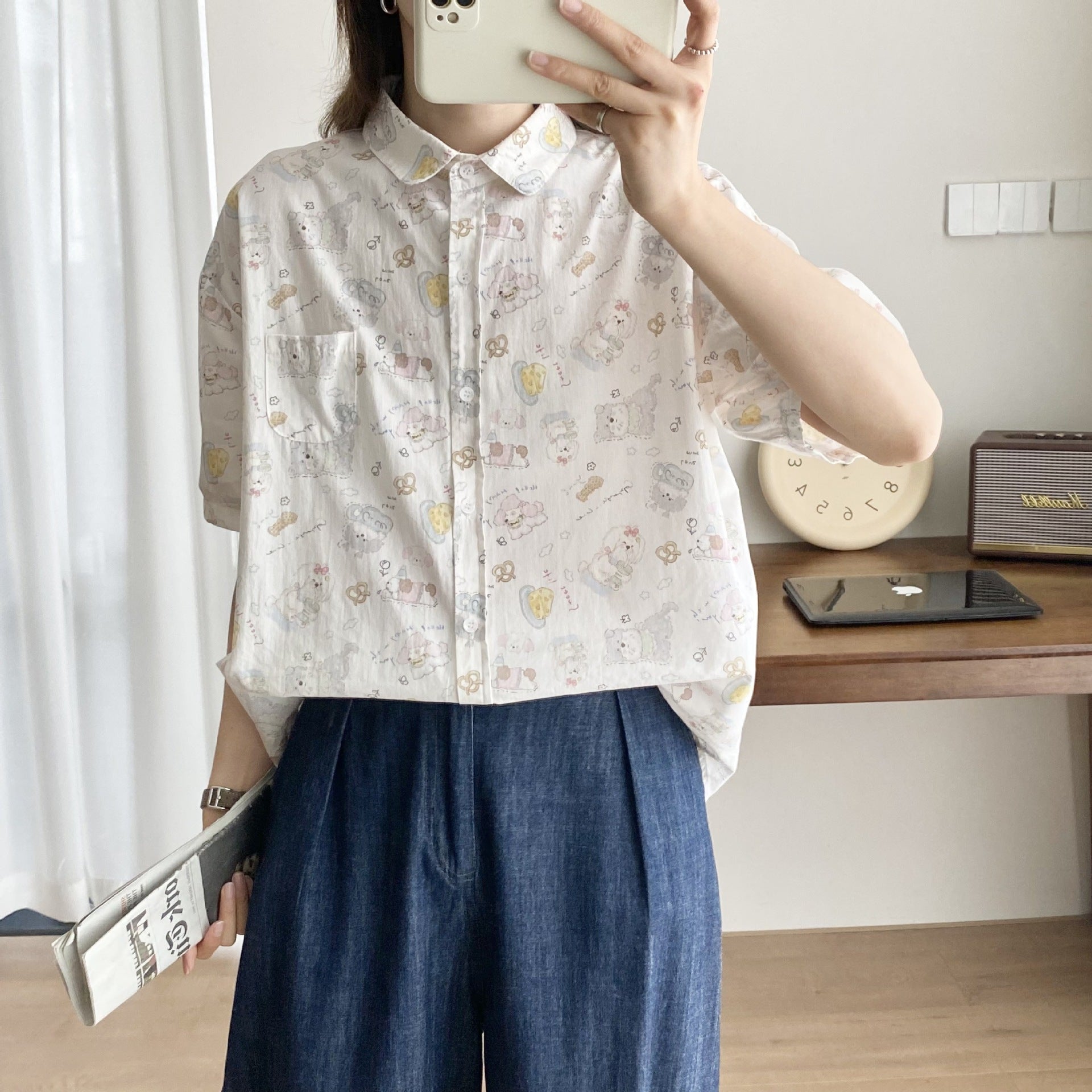 Cartoon Little Flower Rabbit Print Casual Short-sleeved Shirt