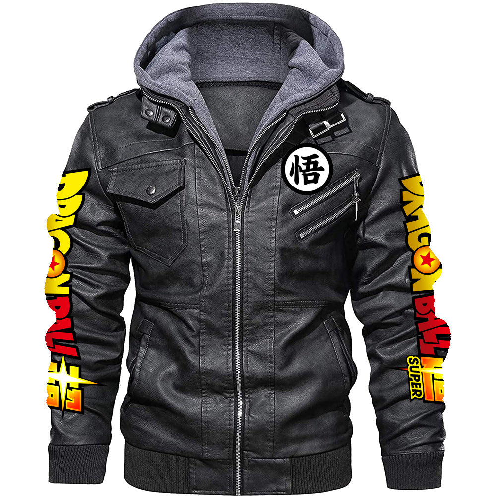 Men's Goku Print Hooded Pu Leather Jacket