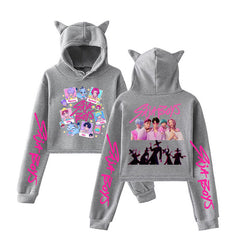 Trendy KPDH Print Cat Ears Crop Hoodie