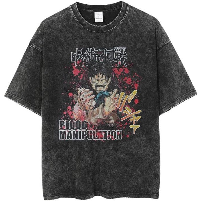 Unisex Anime Graphic Washed Black T-shirt