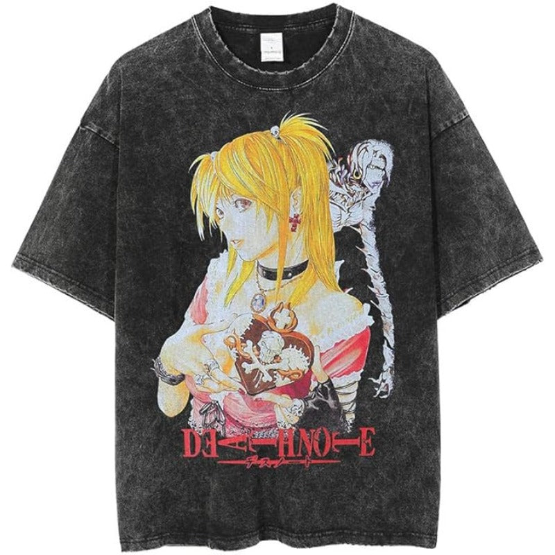 Unisex Anime Graphic Washed Black T-shirt