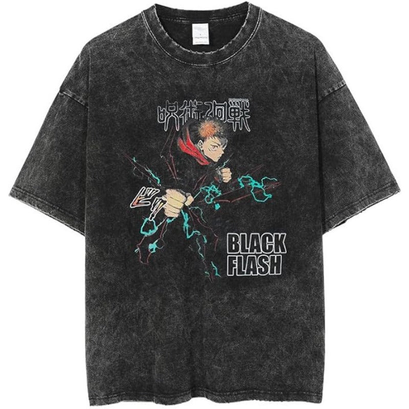 Unisex Anime Graphic Washed Black T-shirt