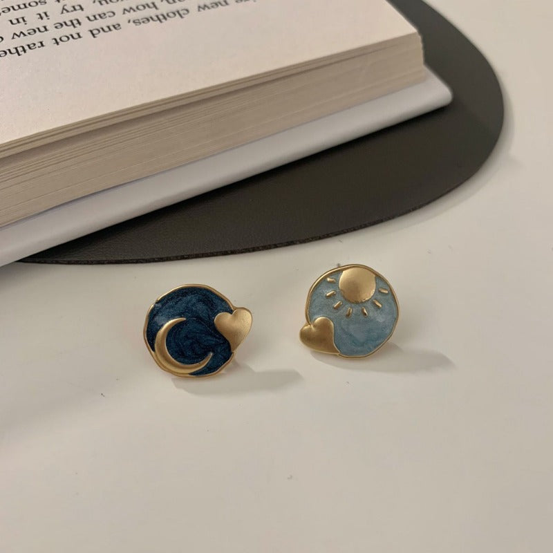 Hand-Painted Sun and Moon Studs Earrings