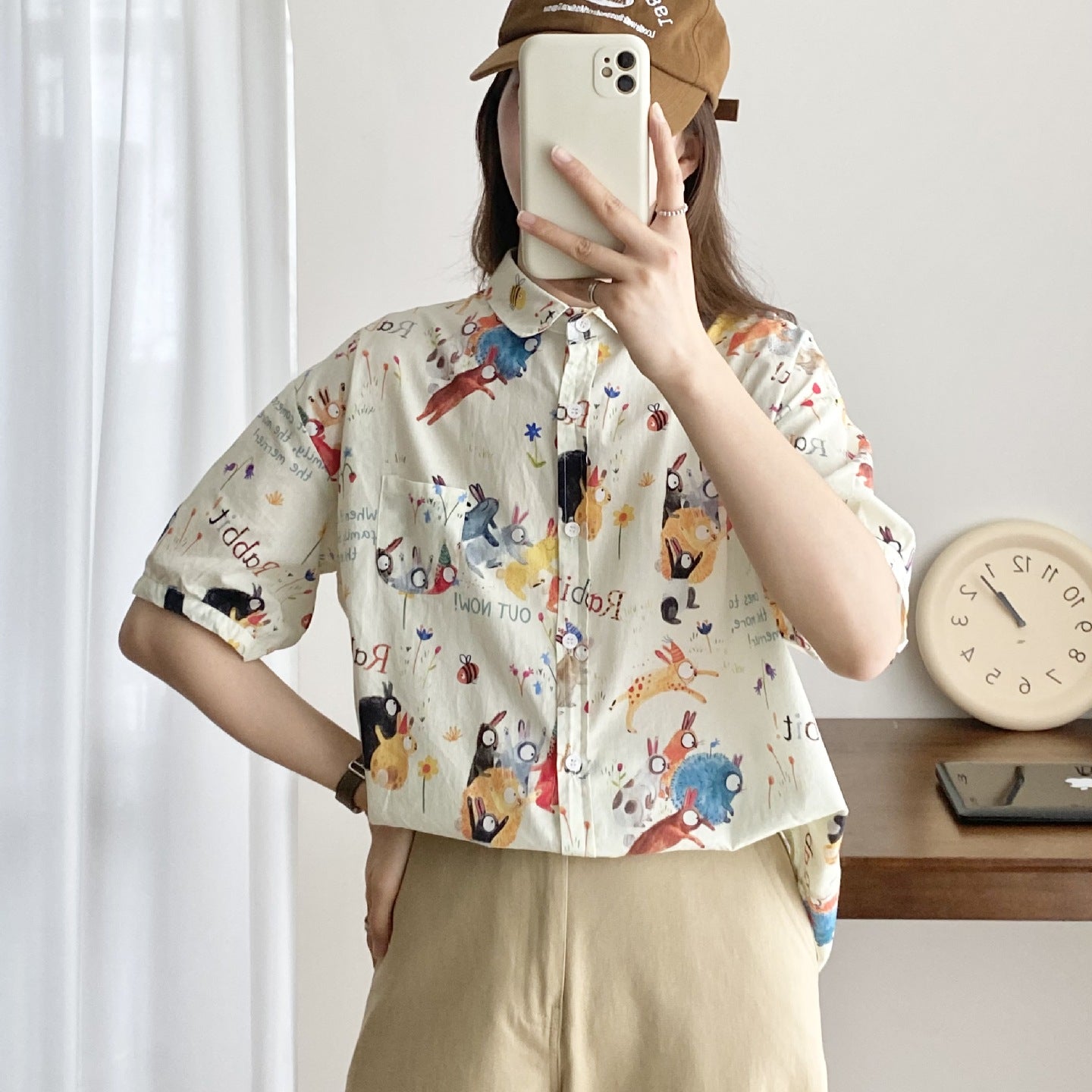 Cartoon Little Flower Rabbit Print Casual Short-sleeved Shirt