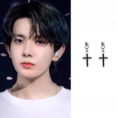 Heeseung Black Cross Stud Earrings Titanium Steel