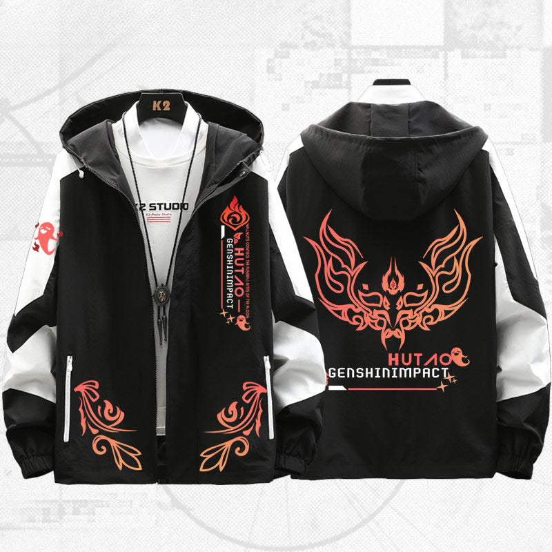 Unisex Game Hutao Print Zipper Hooded Jacket