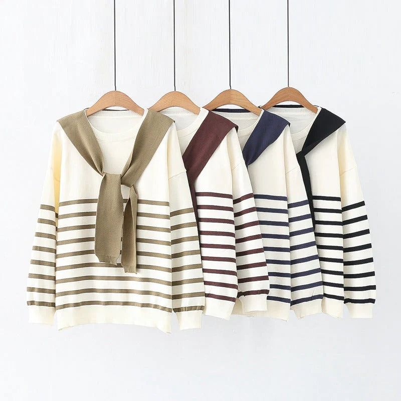 Korean Style Loose Striped Knit Sweater Shawl Two-piece Set