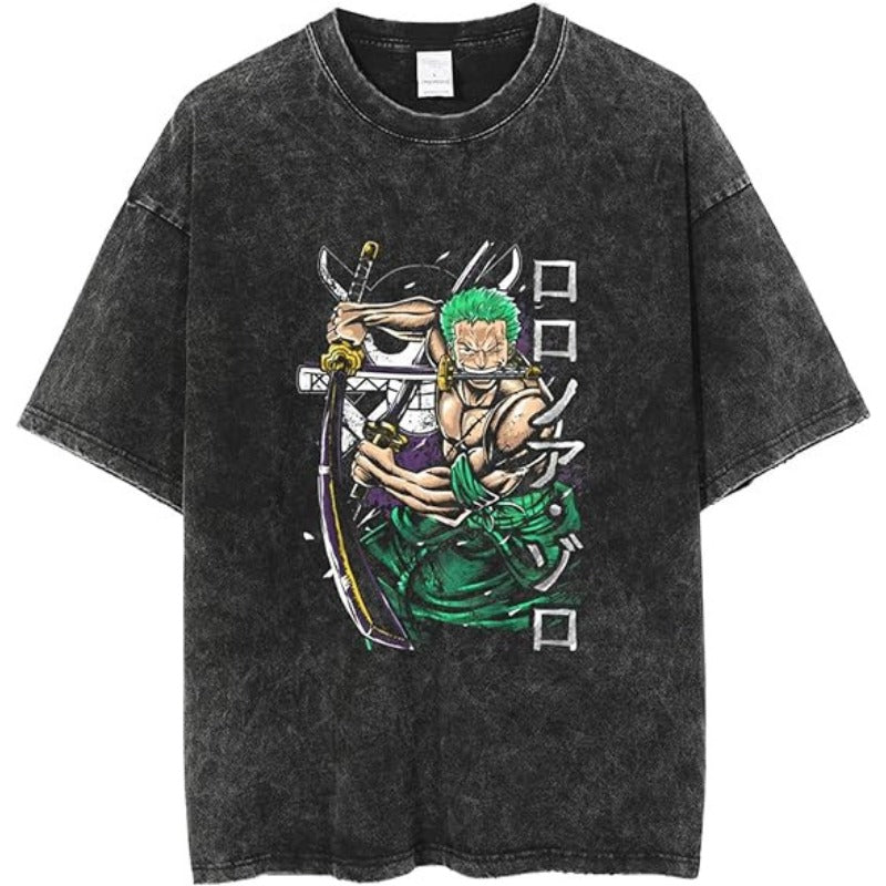 Unisex Anime Graphic Washed Black T-shirt