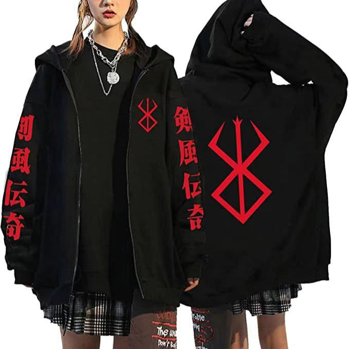 Unisex Anime Print Loose Zipper Black Hoodie