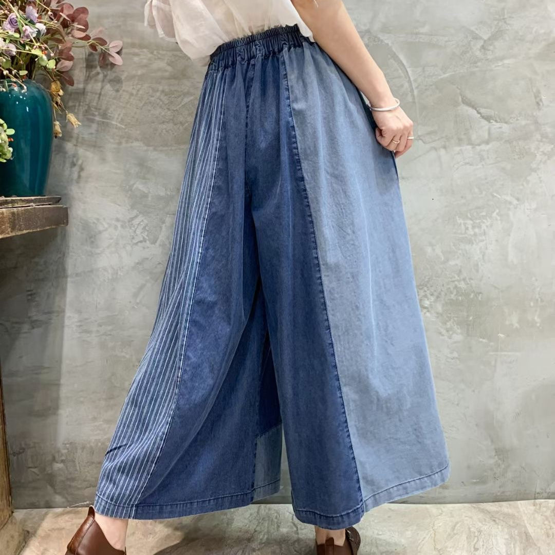 Retro Elastic Waist Color Block Soft Jeans Wide Leg Pants