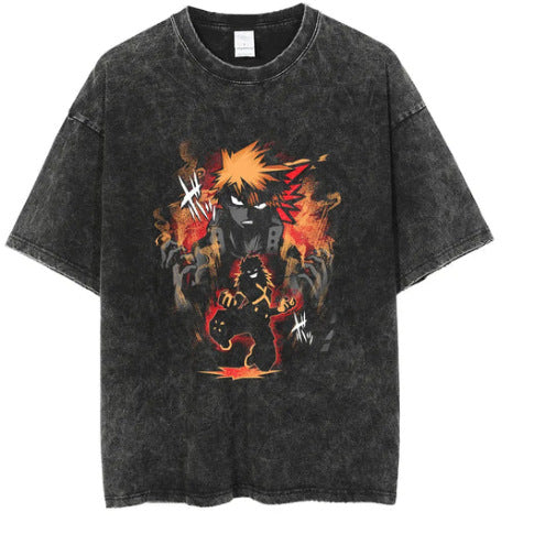 Vintage Washed Anime Print Casual T-shirt