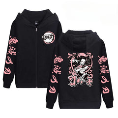 Unisex Anime Printed Black Zipper Hoodie