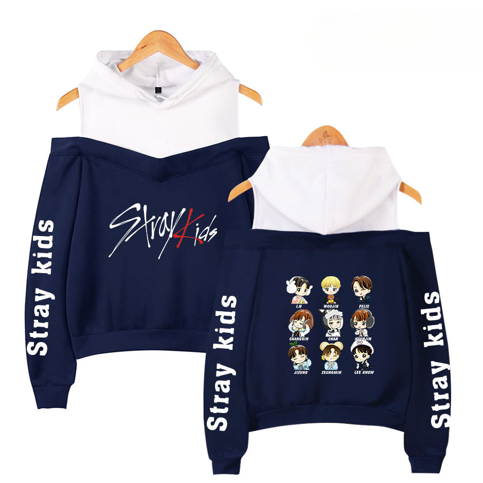 Cute Girls Kpop Fashion Print Off The Shoulder Hoodie