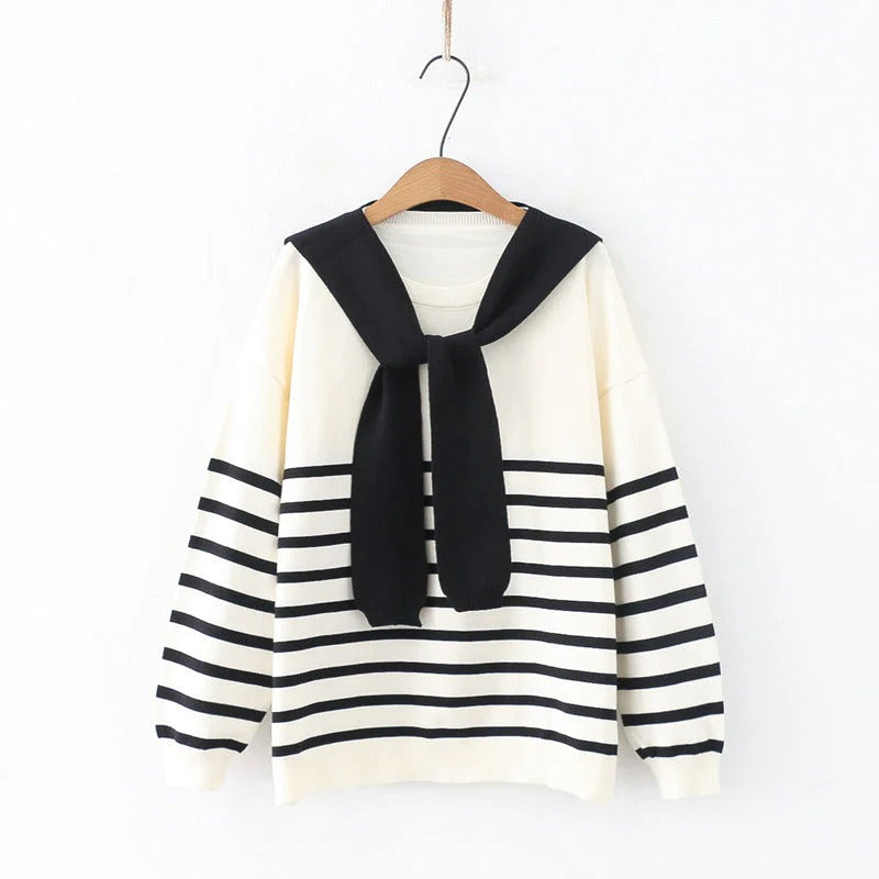 Korean Style Loose Striped Knit Sweater Shawl Two-piece Set