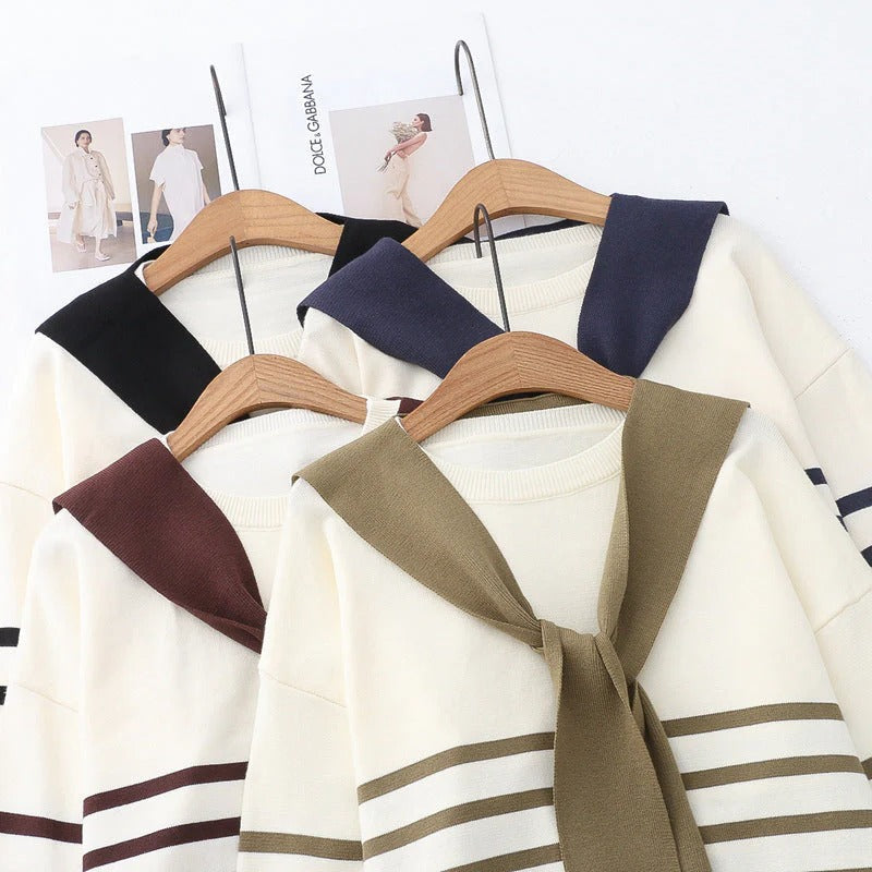 Korean Style Loose Striped Knit Sweater Shawl Two-piece Set