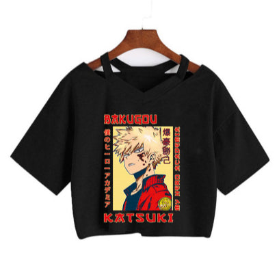 Trendy Women's V-Neck Anime Short Sleeve Crop Tee