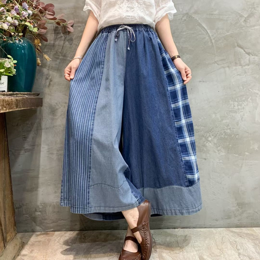 Retro Elastic Waist Color Block Soft Jeans Wide Leg Pants