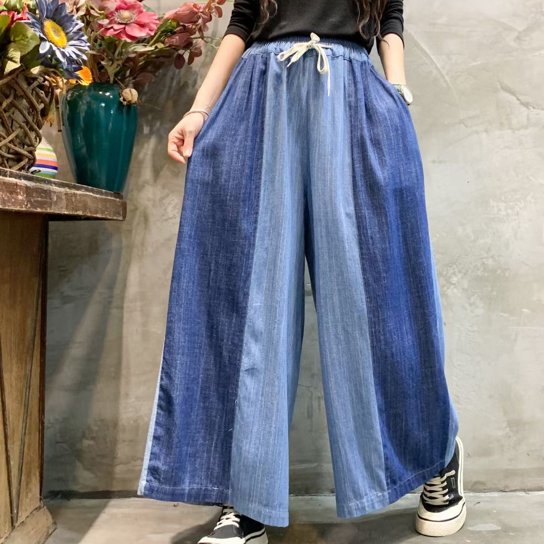 Retro Elastic Waist Color Block Soft Jeans Wide Leg Pants