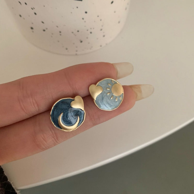 Hand-Painted Sun and Moon Studs Earrings