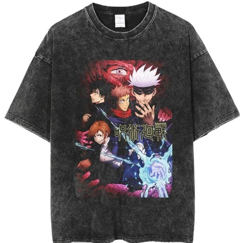 Casual Washed Retro Anime Graphic Cotton T-shirt