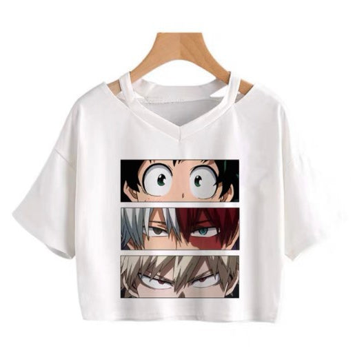 Trendy Women's V-Neck Anime Short Sleeve Crop Tee