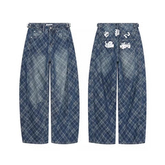 Minju Blue Plaid High-waisted Wide-leg Denim Pants