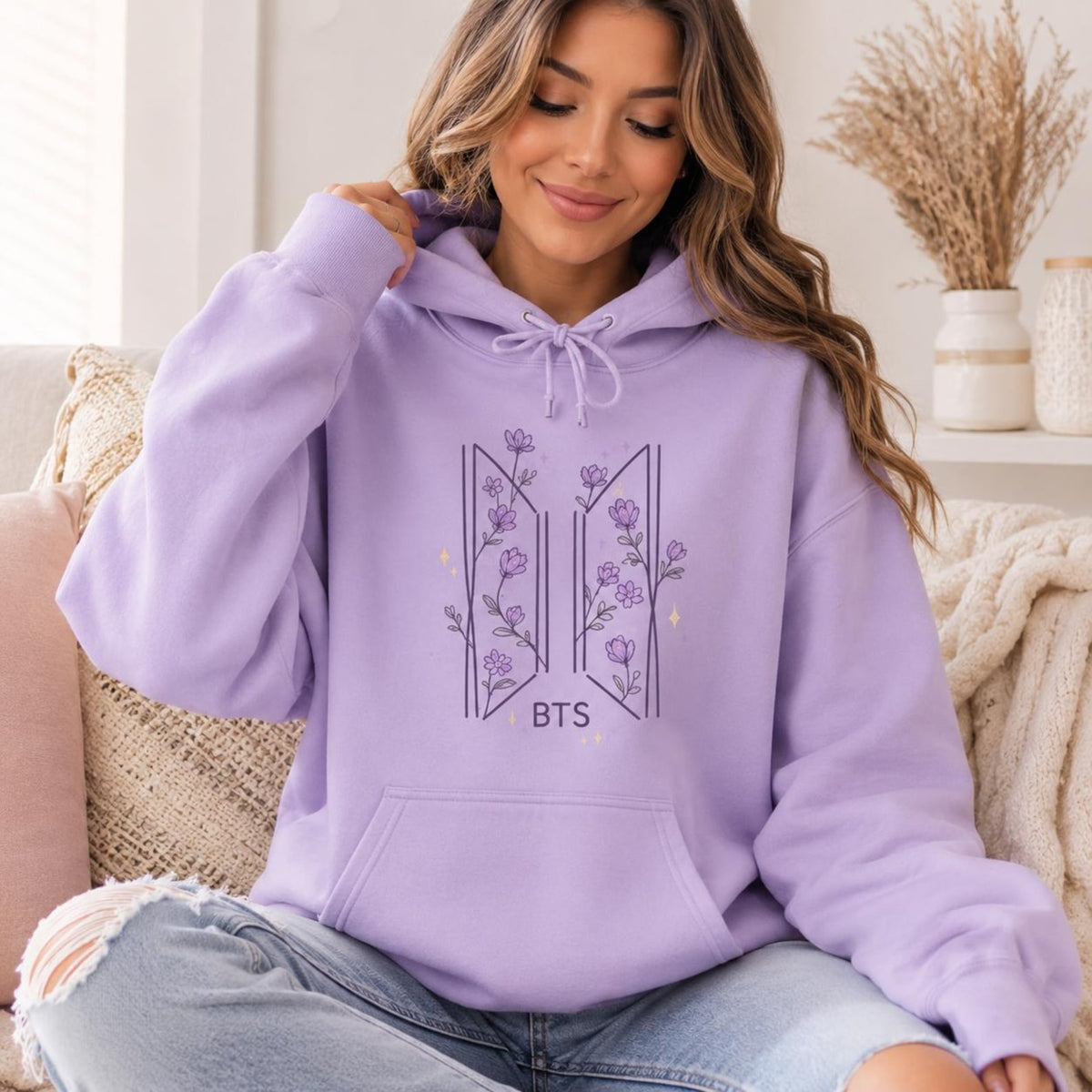 BANGTAN Logo Floral Printed Hoodie Top