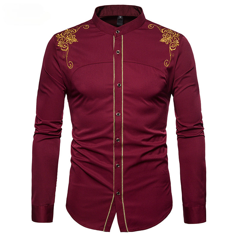 Retro Fashion Men's Floral Embroidery Long Sleeve Shirt