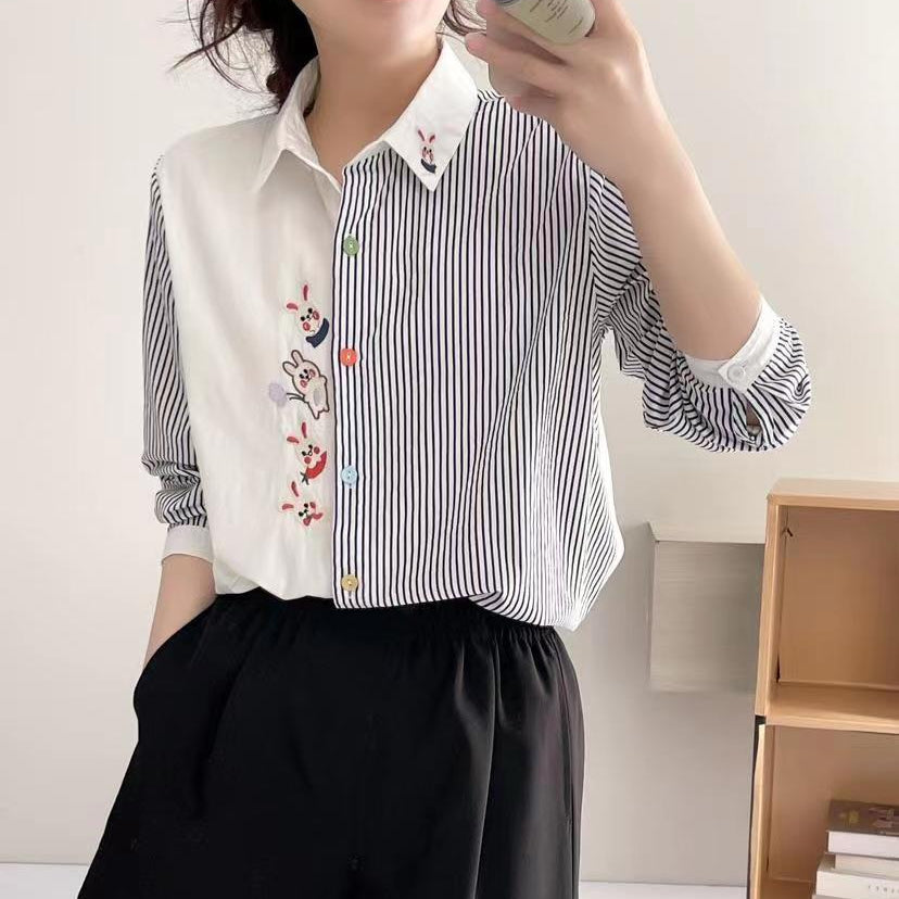 Versatile Women's Polo Collar Rabbit Embroidery Shirt