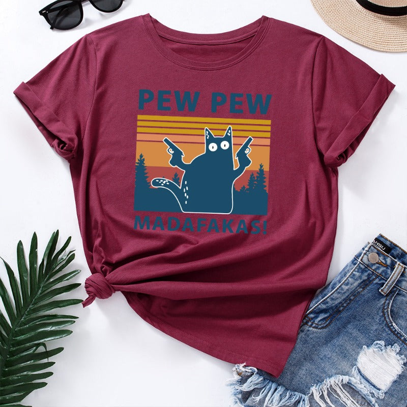 Stylish PEW PEW Cat Loose Round Neck T-shirt